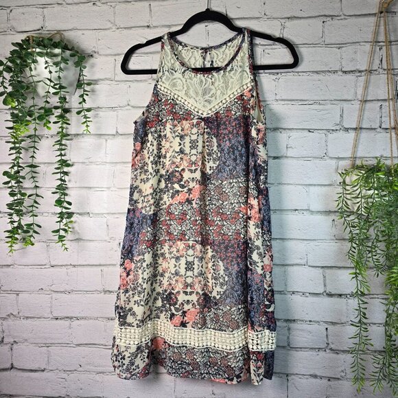 A. BYER SLEEVELESS DRESS LACE NECKLINE ABSTRACT PRINT WOMENS SIZE L - Picture 1 of 5